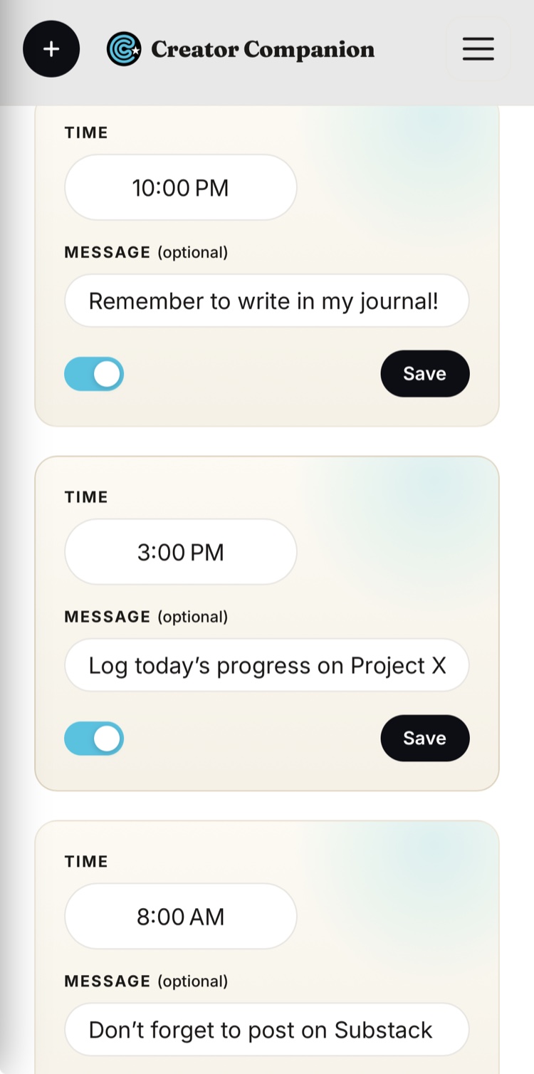 Creator Companion reminders screen on mobile