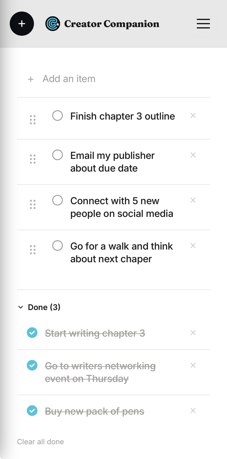 Creator Companion to-do list screen on mobile